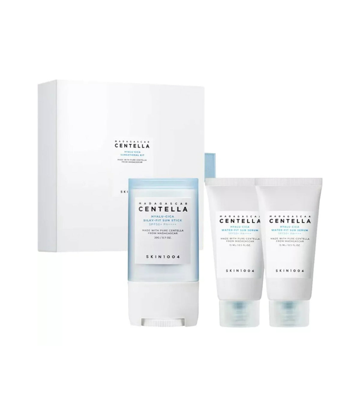 Madagascar  Centella Hyalu-Cica Sunsational Set Skin1004: Madagascar Centella Hyalu-Cica, Sunscreen Stick, SPF 50+, 20 ml + Set Duo, Madagascar Centella Hyalu-Cica, Hydrating & Protecting, Before Sun Exposure, Serum, For Face, SPF 50, 2 pcs, 100 ml