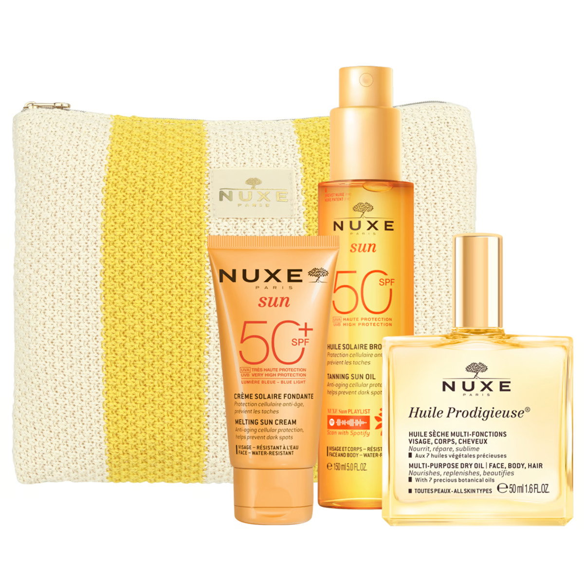 Summer Essentials Kit 2025 Set Nuxe: Sun, UV Protection, Sunscreen Cream, For Face, SPF 50, 50 ml + Huile Prodigieuse Multi-Purpose, Body Oil, For Face, Body & Hair, 50 ml + Sun, Anti-Ageing, Tanning Oil, SPF 50, 150 ml + Sun, GWP Textile Pouch, White ...