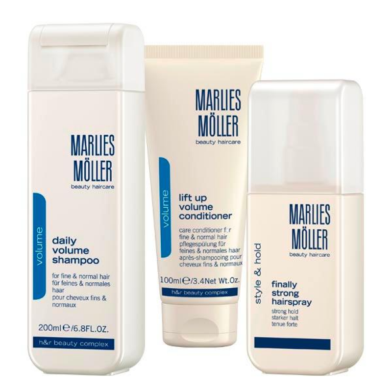 Xmas Set Set Marlies Moller: Lift-Up, Hair Conditioner, For Volume, 100 ml + Finally Strong, Hair Spray, For Styling, Strong Hold, 125 ml + Daily Volume, Hair Shampoo, 200 ml